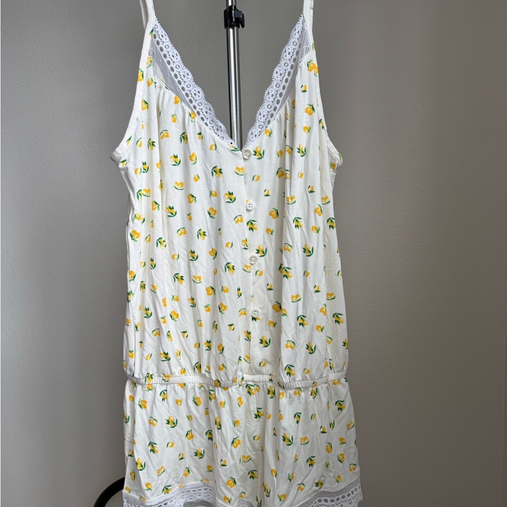 Eberjey Button Down Teddy in Lemon Print and Lace - NWT